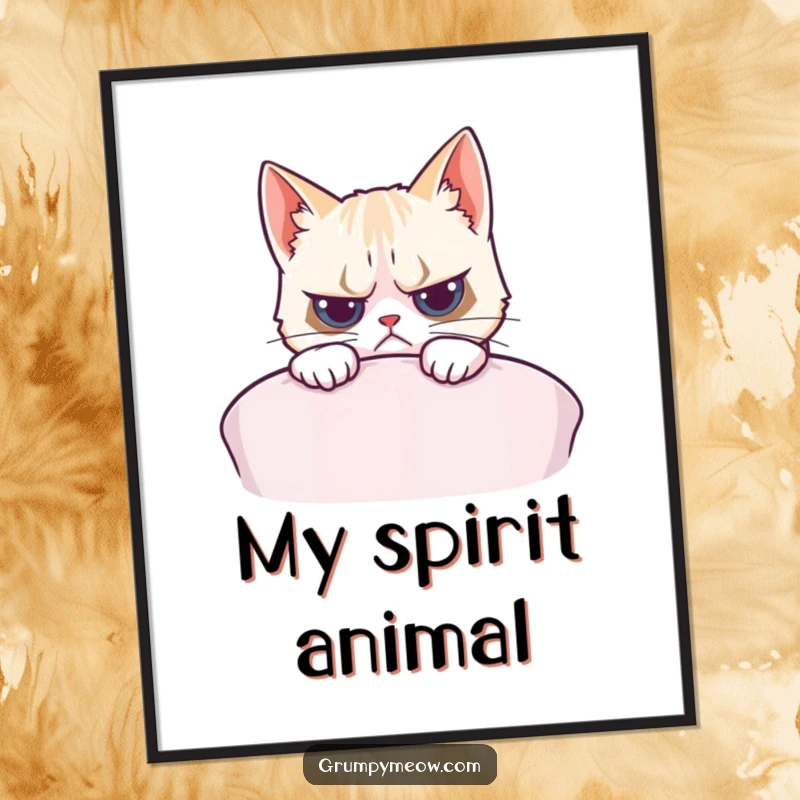 Funny digital art print of a grumpy cat peeking over a cushion, its expression a blend of reluctance and curiosity.