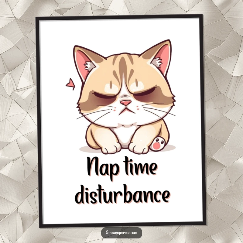 Funny grumpy cat digital art print, trying to sleep, playfully disturbed, annoyed, printable wall decor, humorous art, gift.