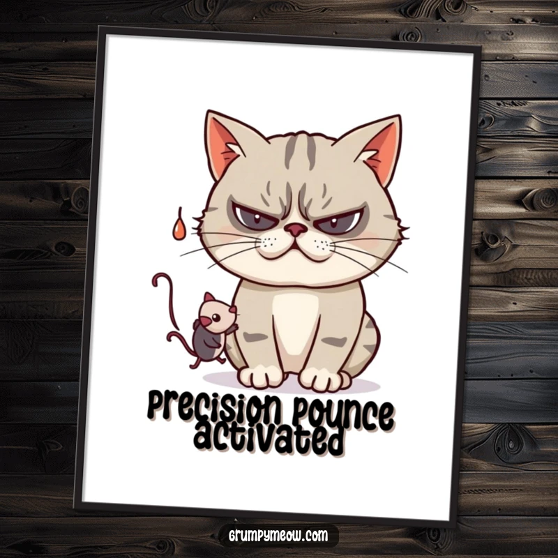 Funny digital art print: a grumpy cat playfully swatting at a dangling toy mouse, full of whimsical charm and humor.