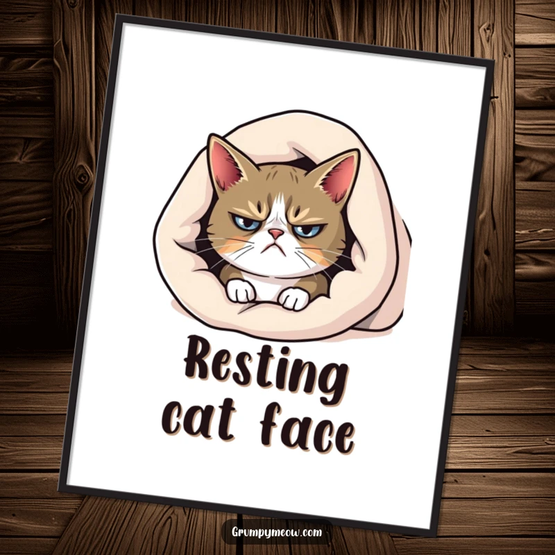 Funny grumpy cat digital art print, peeking from under a blanket with a frown, for humorous and relatable wall art.