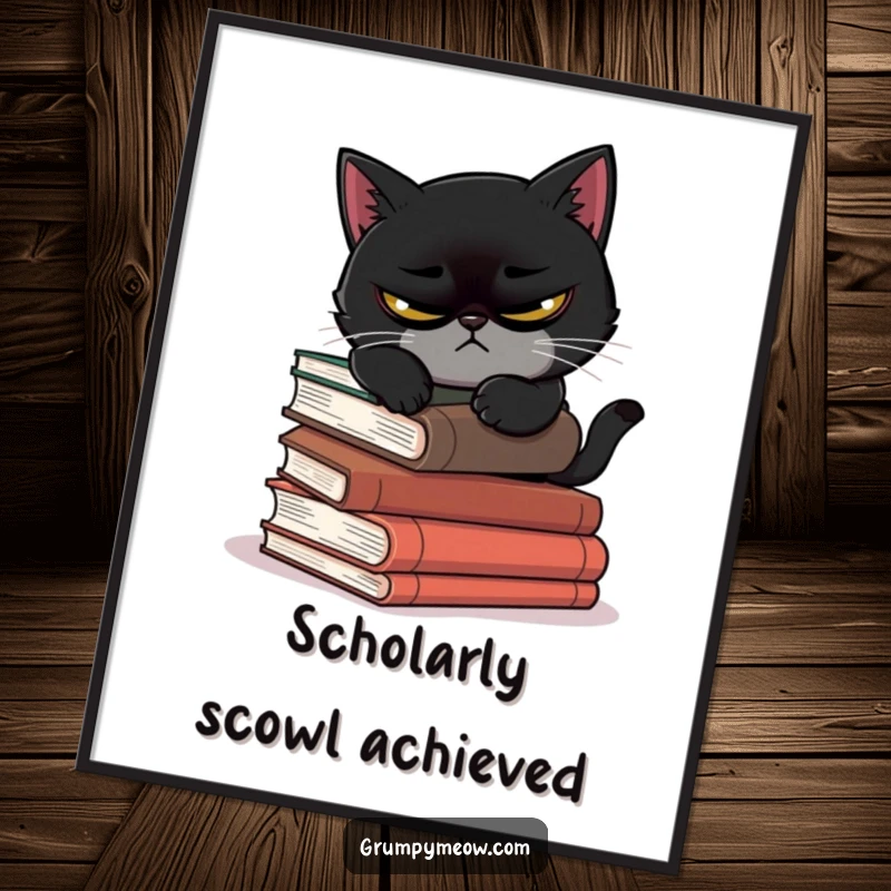 Funny digital art print of a scowling black cat attempting to nap on precarious books, ideal for humorous decor.