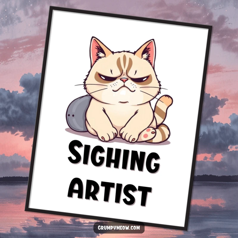 Funny digital art print of a grumpy cat dramatically sighing while lounging lazily, perfect for adding humorous relaxation to any room.