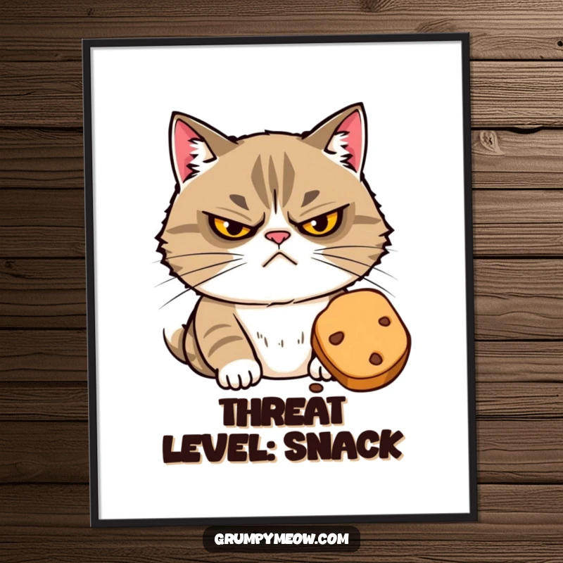 Funny digital art print: a grumpy cat with narrowed eyes suspiciously eyeing a tempting treat, full of humorous desire.
