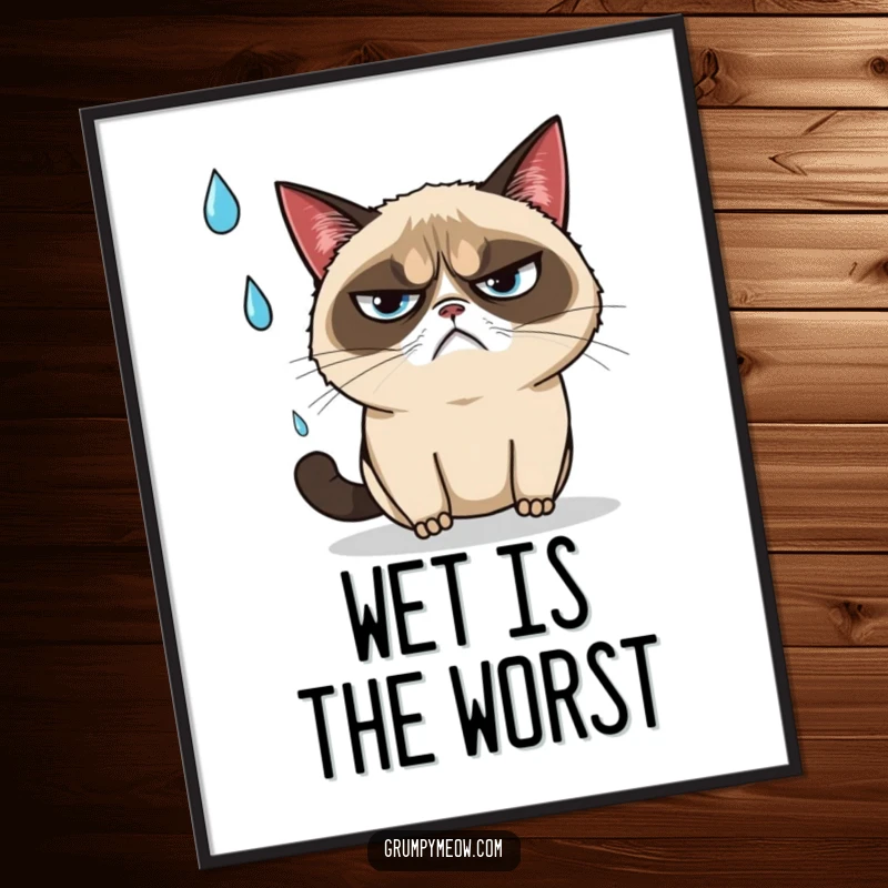 Funny grumpy cat narrowly dodging a falling raindrop with an annoyed sigh, digital art for printing, an excellent funny gift.