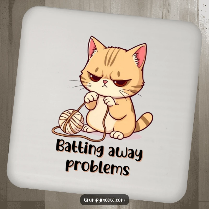Funny Grumpy Cat Drink Coaster: Protects surfaces, showcasing a grumpy cat reluctantly batting a yarn ball, great for parties.