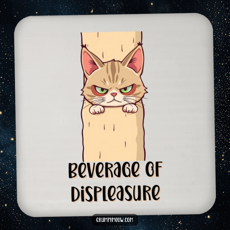 Funny drink coaster featuring a grumpy cat peeking suspiciously from behind a giant scratching post, offering protection and humor.