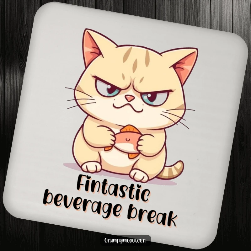 Funny coasters featuring a grumpy cat smirking and holding a tiny fish, adding feline flair and protection.