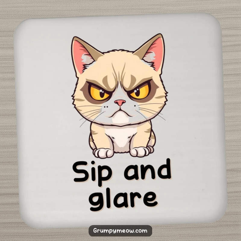 Funny grumpy cat drink coaster with a cat glaring with crossed eyes, protecting surfaces with attitude.