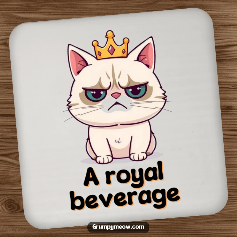 Funny drink coaster featuring a grumpy cat wearing a tiny crown and sighing resignedly, adding humor and royal protection.