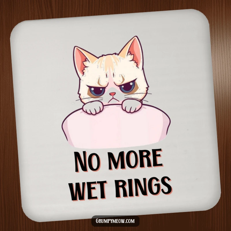 Funny drink coaster featuring a grumpy cat peeking over a cushion, offering a humorous touch to any surface.