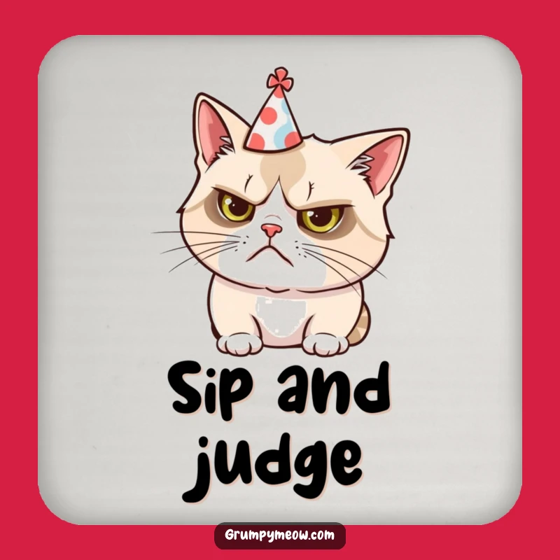 Funny Grumpy Cat Party Hat Coaster: Protect Surfaces with Comedic Charm