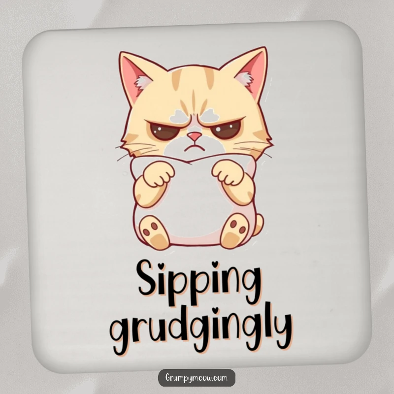 Funny grumpy cat drink coaster featuring a cat with crossed paws, looking slightly mollified by a soft pillow.