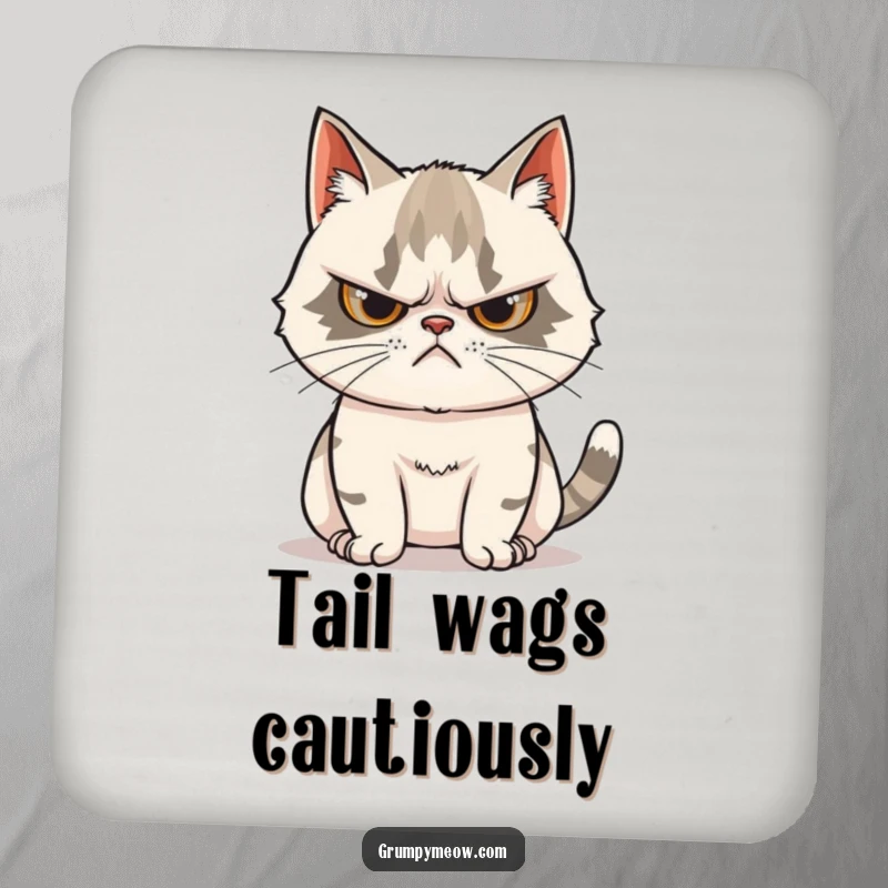 Funny Grumpy Cat Drink Coaster: Protects surfaces, showcasing a grumpy cat with a scowl and a curious tail, great for parties.