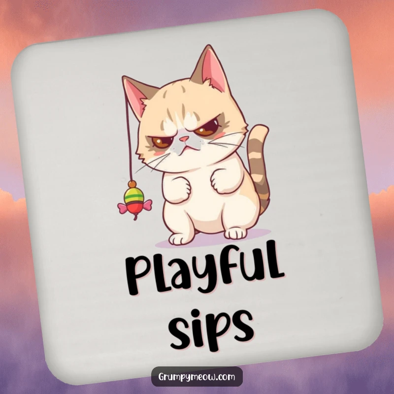 Funny drink coasters with a grumpy cat batting a toy disdainfully, bringing humorous feline unimpressed attitude to any surface.