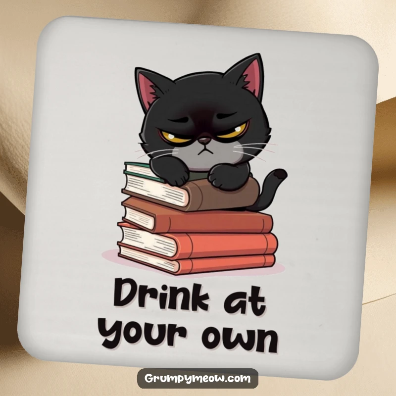 Funny drink coaster with a scowling black cat attempting to nap on precarious books, perfect for table protection.