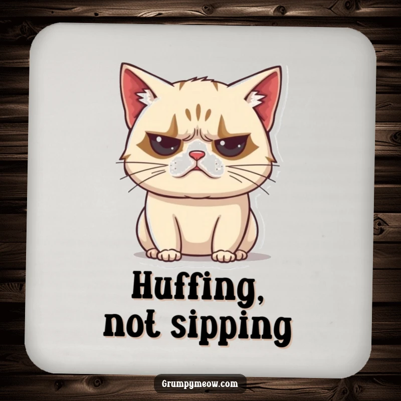 Funny grumpy cat coaster, protecting surfaces, unimpressed huff sound, exhaling, vocal disapproval, humorous drink accessory, gift.