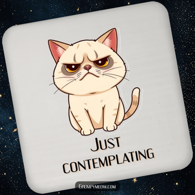 Funny grumpy cat drink coaster featuring a cat with a tiny, almost imperceptible tail twitch, protecting furniture subtly.