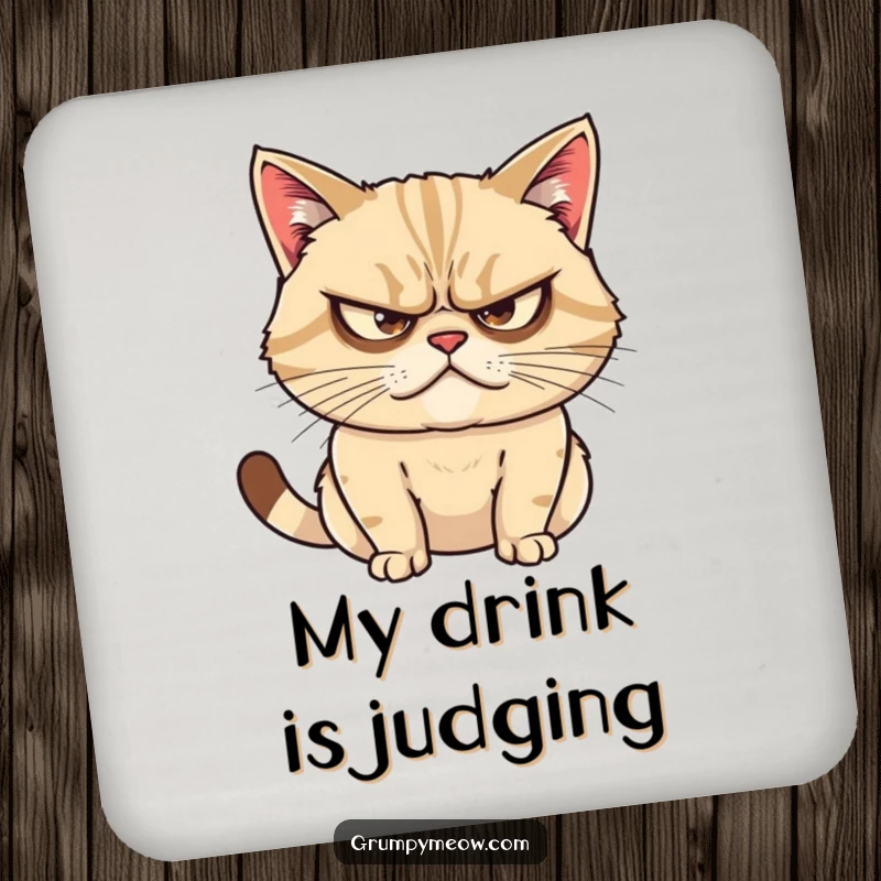 Funny drink coaster featuring a grumpy cat with narrowed eyes, plotting mischief and ready to add a humorous touch to decor.