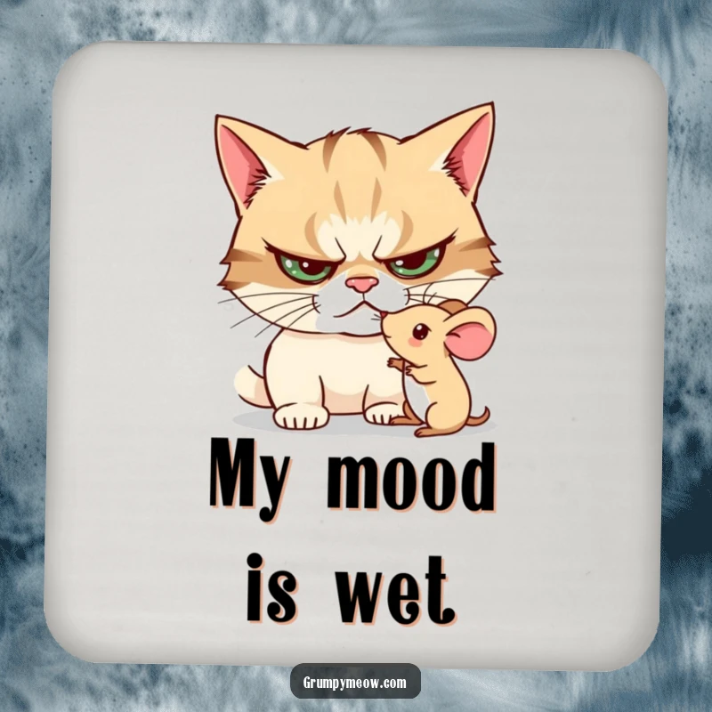 Funny drink coaster set with a grumpy cat curiously poking a toy mouse, adding humor to home decor.