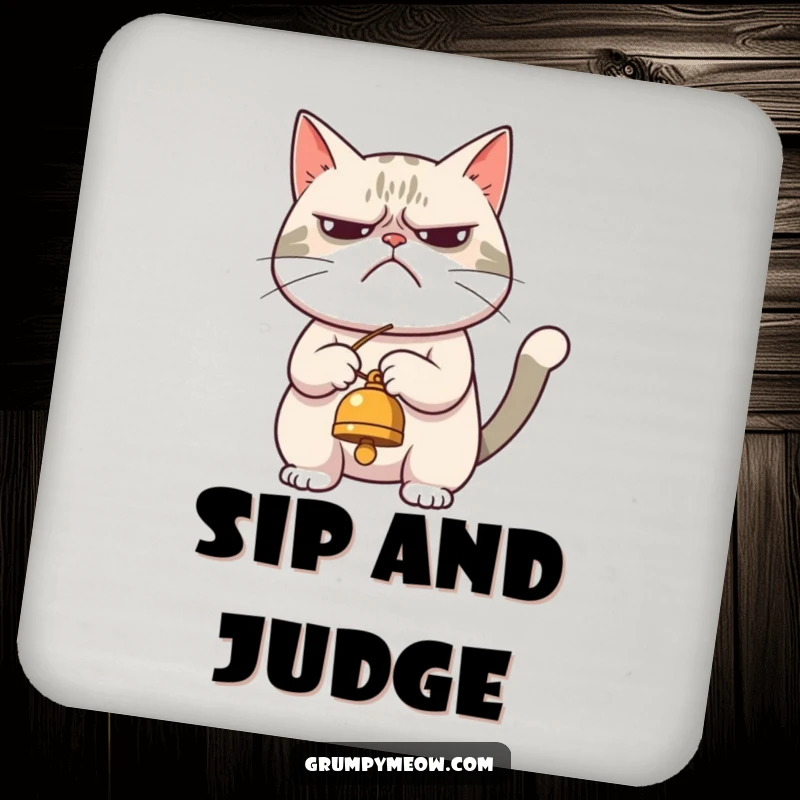 Funny coaster featuring a grumpy cat begrudgingly playing with a dangling bell, protecting surfaces with a healthy dose of feline attitude.