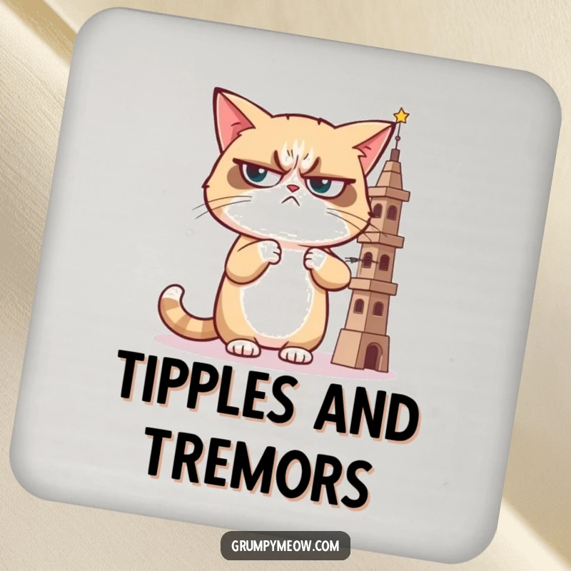 Funny coaster featuring a grumpy cat giving a sideways, judgmental glance at a wobbly tower, protecting surfaces with feline disdain.