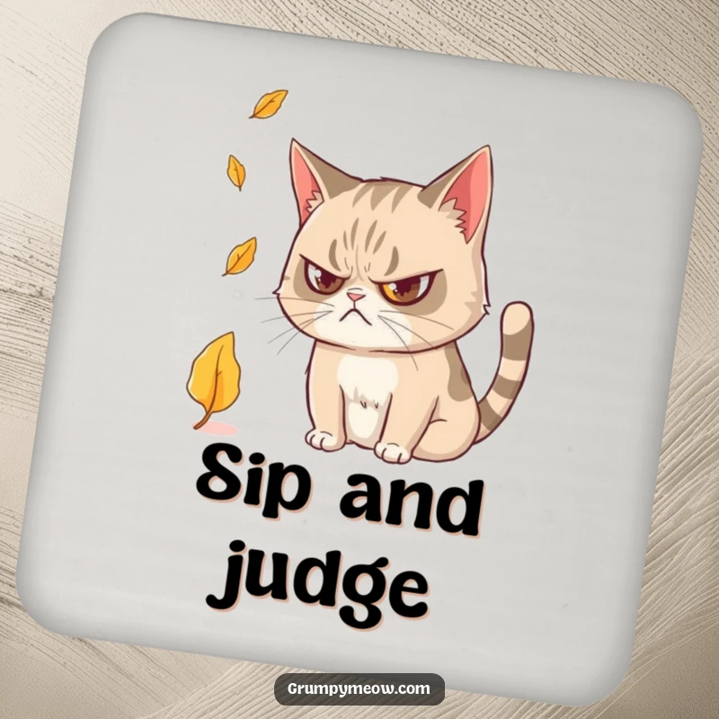 Funny Grumpy Cat Drink Coaster: Protects surfaces while featuring a grumpy cat intently watching a falling leaf, great for parties.