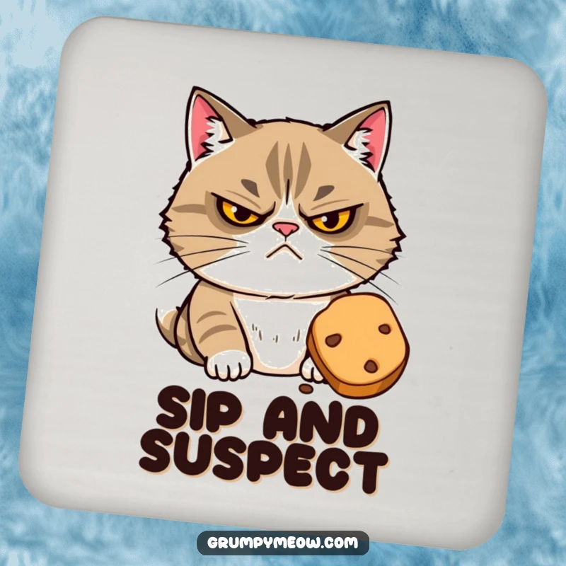 Funny drink coaster featuring a grumpy cat with narrowed eyes suspiciously eyeing a tempting treat, adding humor and protection.