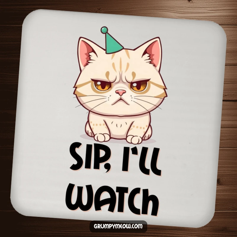 Funny drink coaster with a disgruntled cat wearing a tiny, ill-fitting party hat, perfect for table protection.