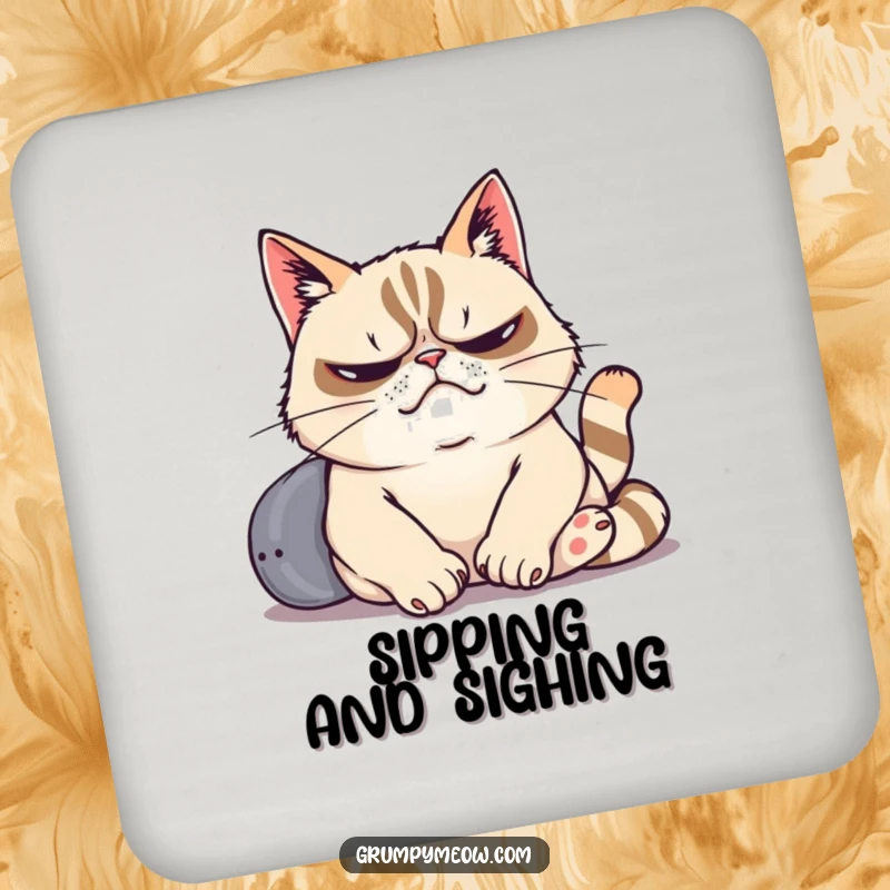Funny drink coaster featuring a grumpy cat dramatically sighing while lounging lazily, adding a humorous touch to home decor.