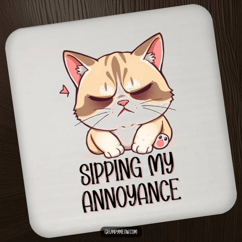 Funny grumpy cat coaster, protecting surfaces, trying to sleep, playfully disturbed, annoyed, humorous drink accessory, gift.