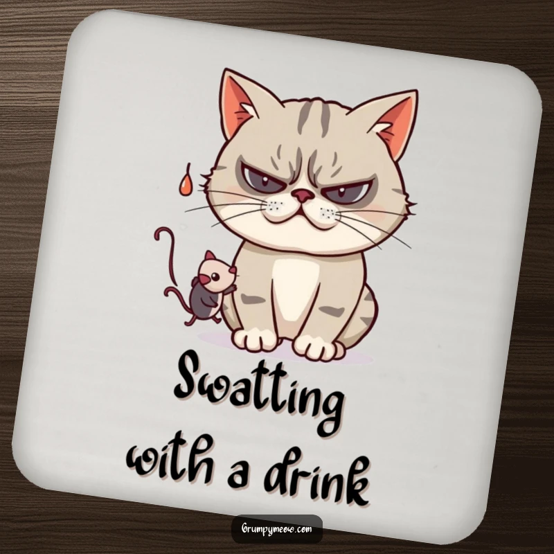 Funny drink coaster featuring a grumpy cat playfully swatting at a dangling toy mouse, adding a touch of humor to your surfaces.
