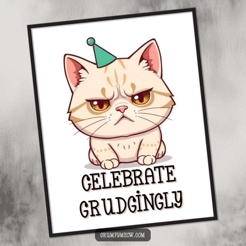 Funny poster of a disgruntled cat wearing a tiny, ill-fitting party hat, ideal for humorous wall decor.