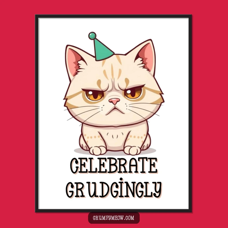 Funny Cat Party Hat Poster - Humorous Wall Art for Grumpy Celebrators