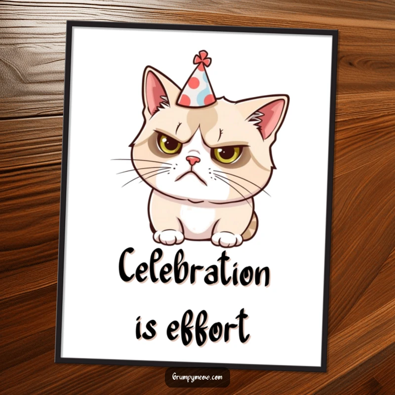 Funny poster displaying a grumpy cat comically wearing a tiny, tilted party hat, adding humorous decor.