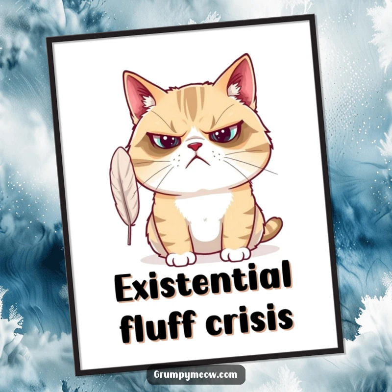 Funny Grumpy Cat Poster: A grumpy cat shows utter bewilderment at a fluttering feather, a humorous piece of art.