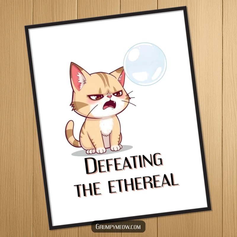 Funny grumpy cat poster, mid-swat at a floating bubble, conveying focus and humor, perfect funny gift.