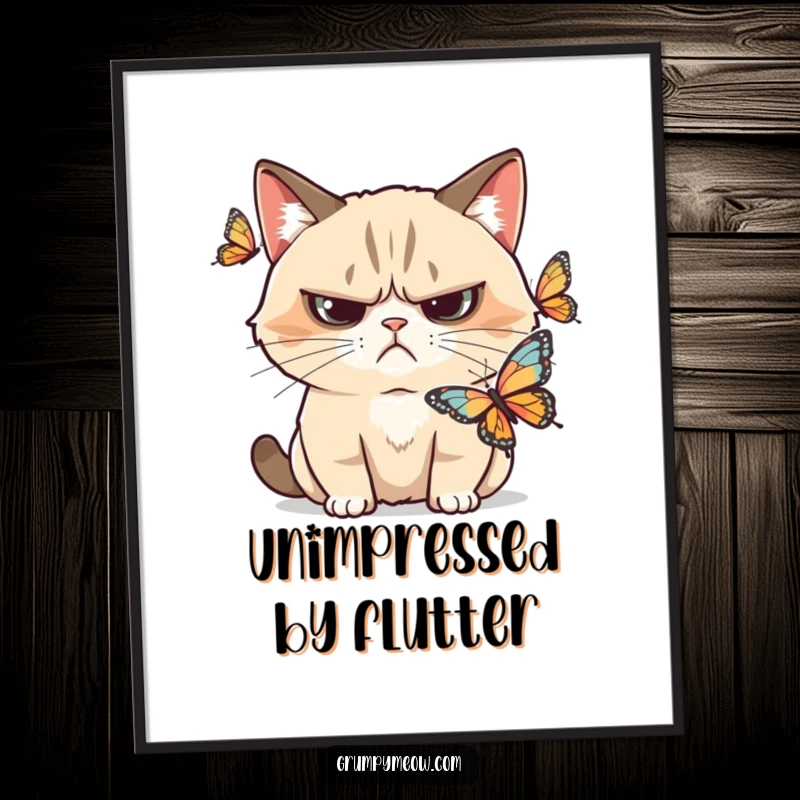 Funny grumpy cat poster, deeply skeptical of a butterfly, a humorous piece of wall art, perfect funny gift.