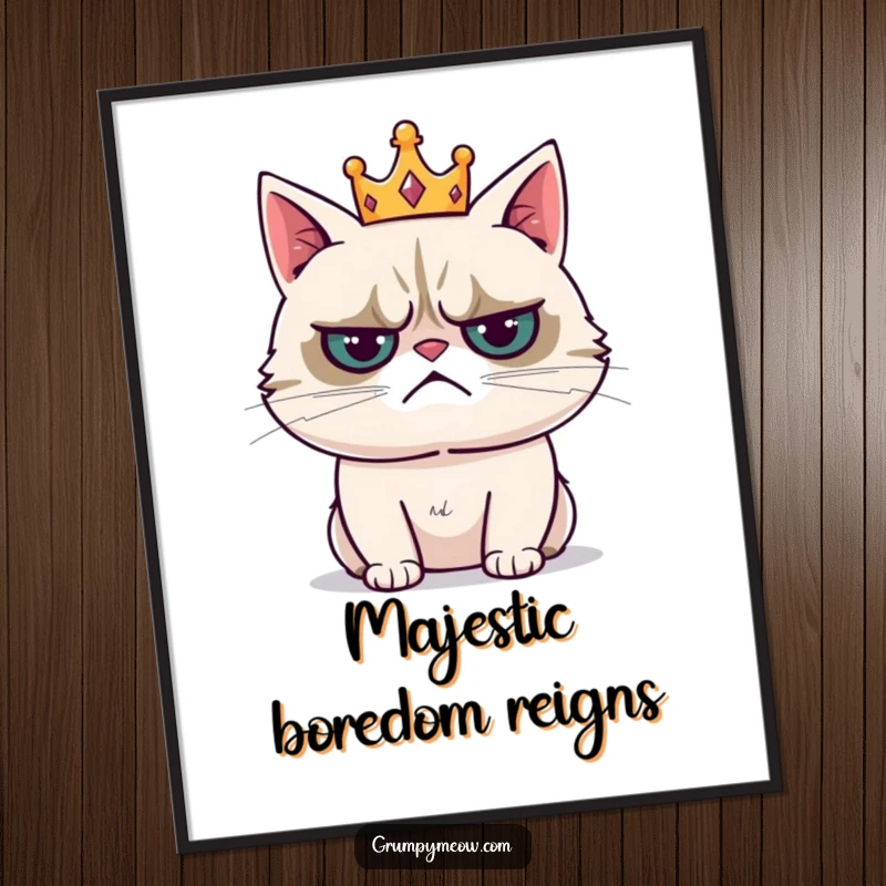 Funny poster art featuring a grumpy cat wearing a tiny crown with a resigned sigh, conveying reluctant royalty and quiet despair.