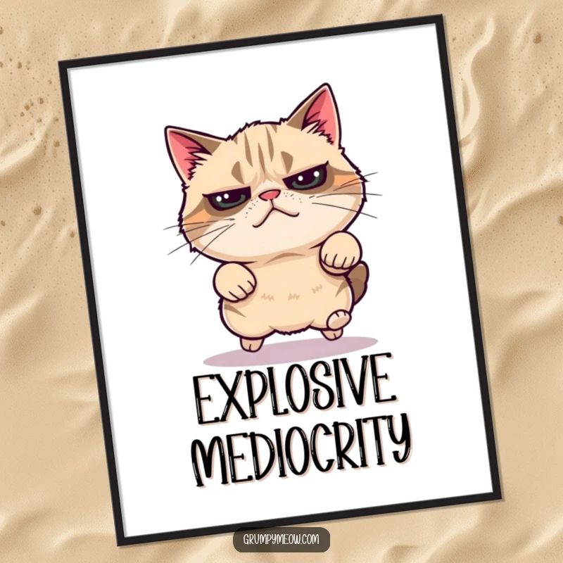 Funny grumpy cat poster, mid-air in a powerful leap, radiating unexpected energy, perfect funny gift.