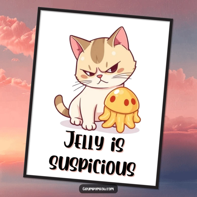 Funny poster of a grumpy cat with an arched back, hissing at a wobbling piece of jelly, for humorous decor.
