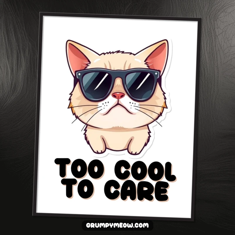 Funny grumpy cat poster, wearing sunglasses, looking away rudely, a humorous art piece for a cool aesthetic.