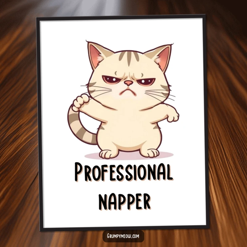 Funny grumpy cat poster featuring a cat mid-unenthusiastic stretch, conveying maximum laziness and relatable morning struggles.