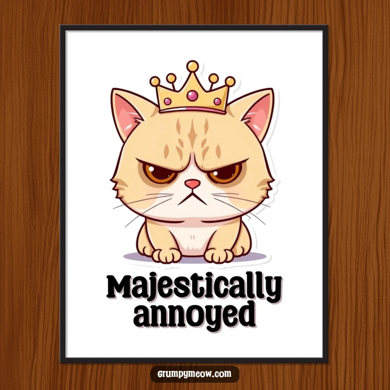 Funny poster of a grumpy cat wearing a tiny crown, looking annoyed, a humorous artistic depiction of feline royalty and displeasure.