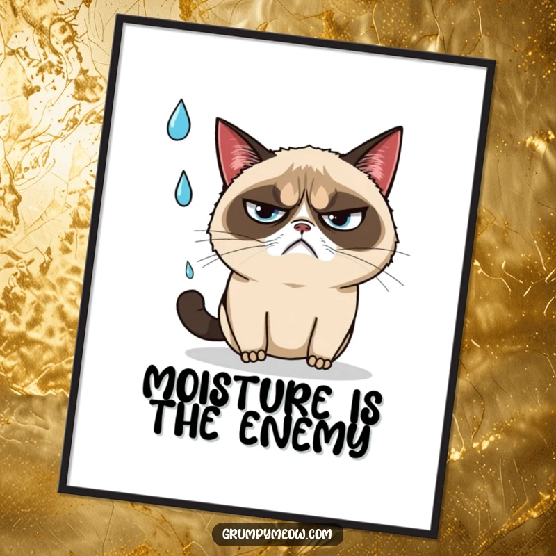 Funny grumpy cat narrowly dodging a falling raindrop with an annoyed sigh, wall art for a funny gift.