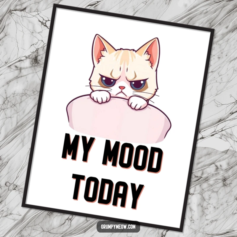 Funny poster art of a grumpy cat peeking over a cushion with wide eyes, showing a subtle flicker of interest and humor.