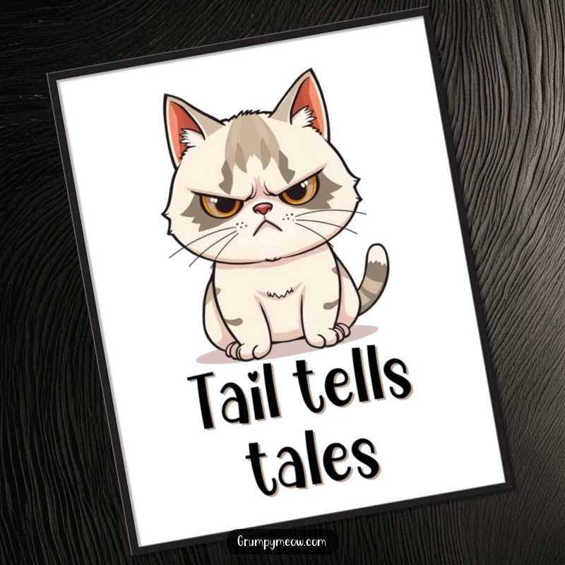 Funny Grumpy Cat Poster: Captivating wall art of a grumpy cat showcasing a scowl with a tail twitching from curiosity.