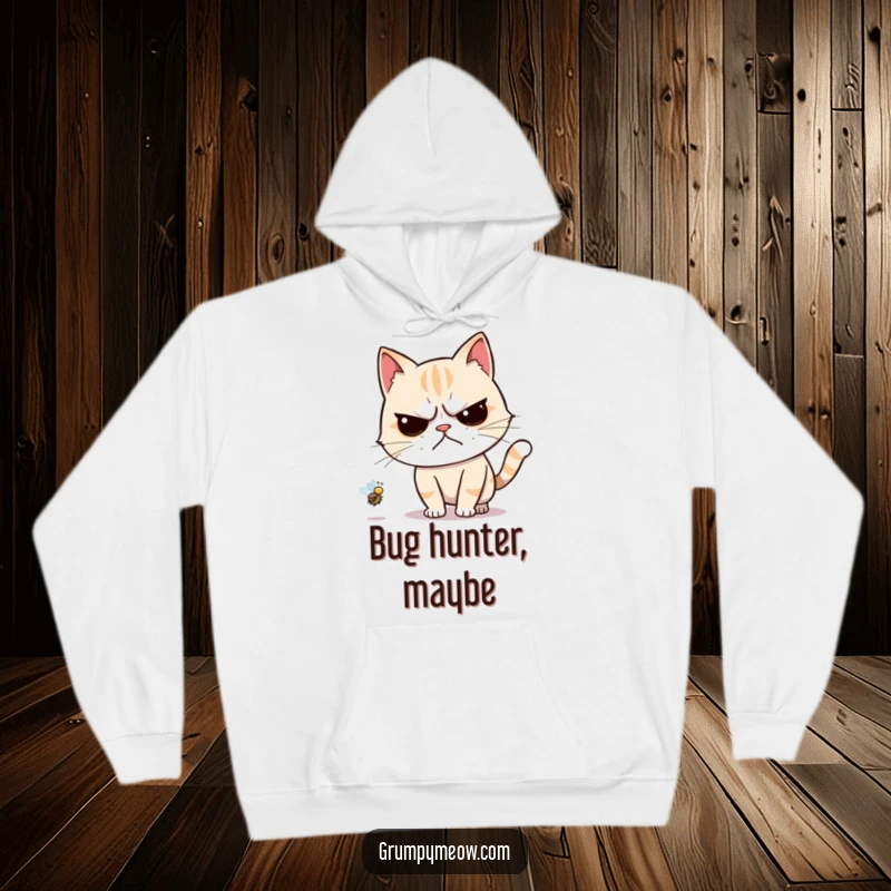 Funny hoodie showing a grumpy cat reluctantly chasing a small, buzzing fly, embodying forced effort and disdain.