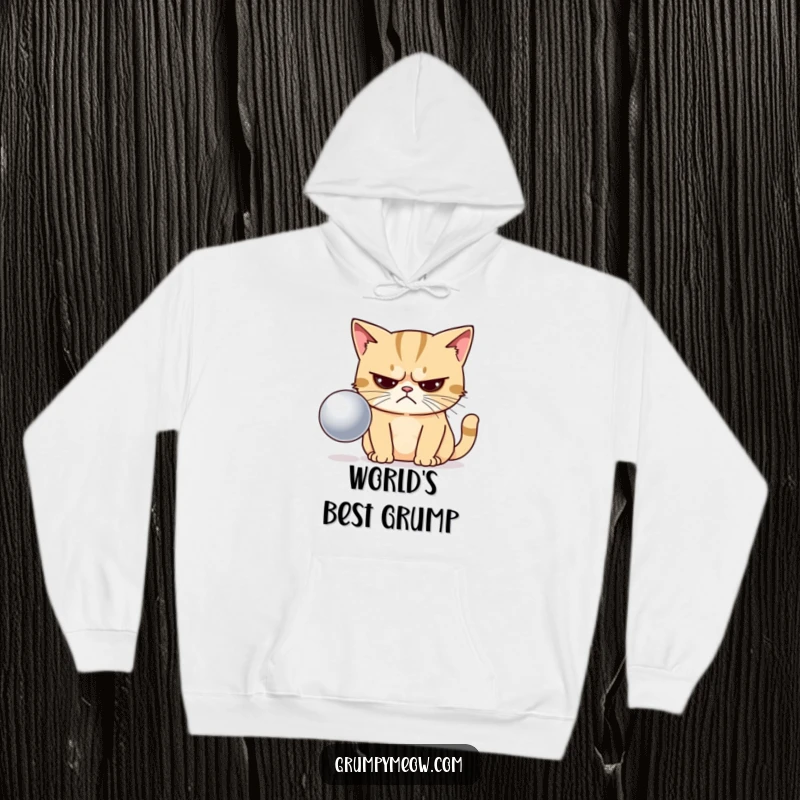 Funny hoodie showing a grumpy cat with narrowed eyes, looking with extreme disapproval at a shiny ball.