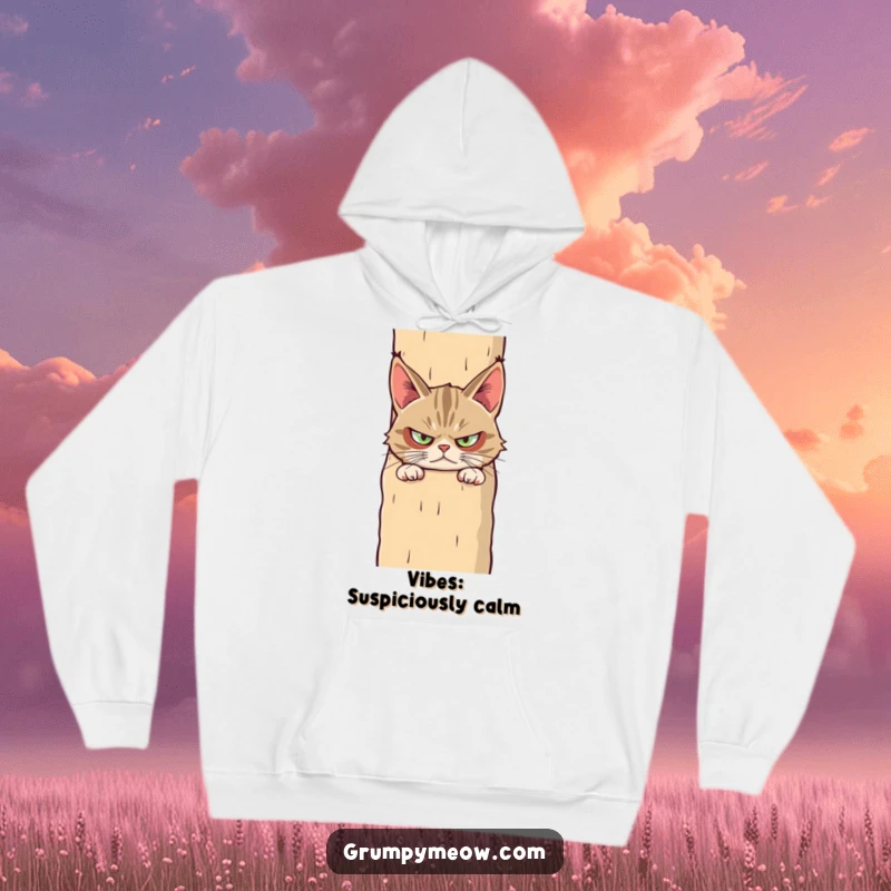 Funny hoodie showcasing a grumpy cat peeking suspiciously from behind a jumbo scratching post, exuding quiet judgment and amusement.