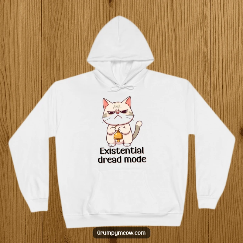 Funny hoodie featuring a grumpy cat reluctantly engaging with a dangling bell, perfect for cozy days filled with relatable feline attitude.